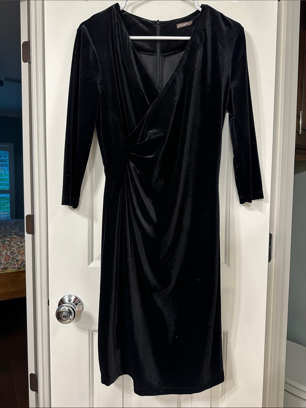 J. McLaughlin Black Velvet Wrap-Style Long Sleeve Dress